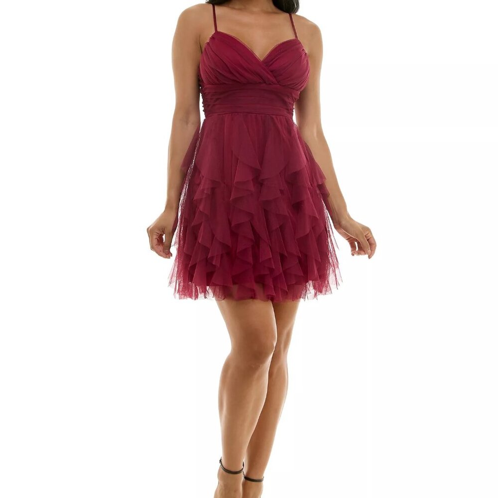 Juniors Pear Culture Surplice Neck Ruffle Skirt Dress in Wine Size 3
